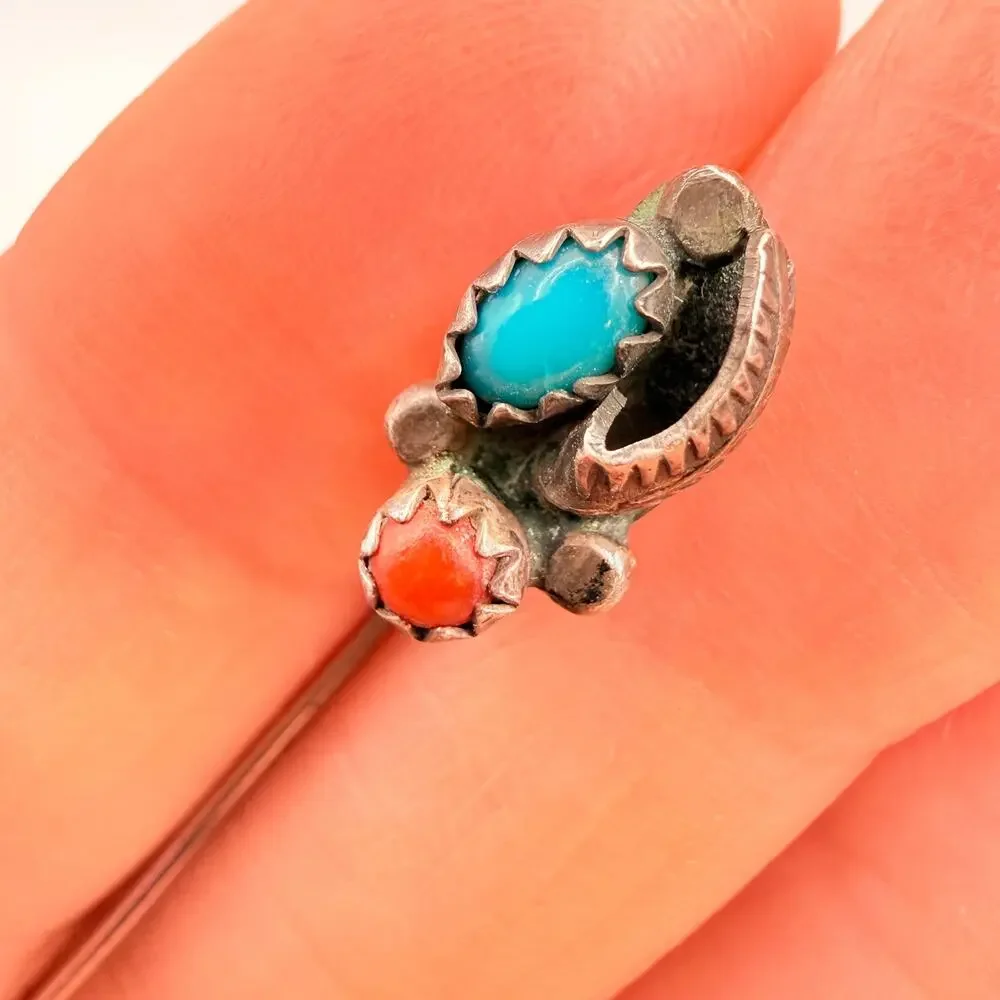 Vintage Sterling Silver Southwest Navajo Turquoise Coral Leaf Stick Pin
